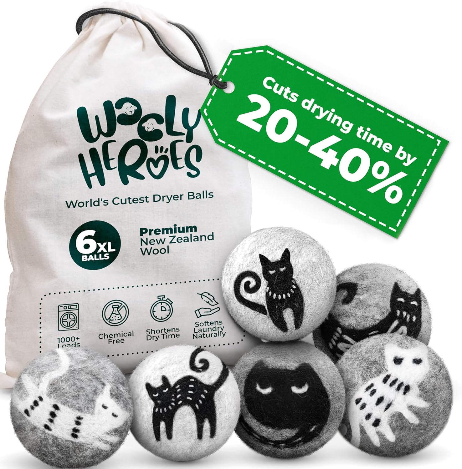 No More Dryer Sheets! Reusable Wool Dryer Balls XL 6-Pack - Reduces Static, Cuts Dry Time, & Softens Naturally