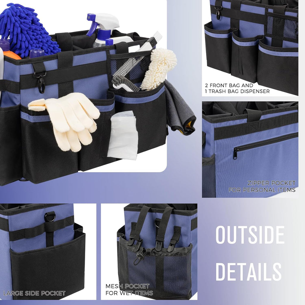 Wearable Cleaning Caddy, Cleaning Caddy Supplies Organizer with Handle & Shoulder Straps for Housekeepers, Under Sink & Car Cleaning Tool Organizers Bag with 4 Foldable Divider (CeruleanBlue)