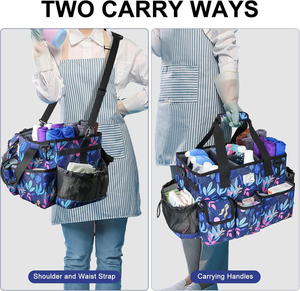 Cleaning Organizer, Large Caddy Bag for Supplies, Housekeeper's Bag with Handle (Blue Leaf)