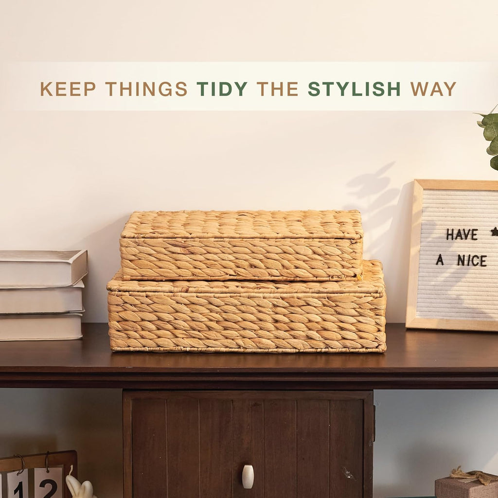 Set of 2 Wicker Baskets with Lid for Organizing - Decorative Storage Boxes With Lids for Home Decor, Shelves - Organic Modern Home Decor - Remote Box - Coffee Table Basket