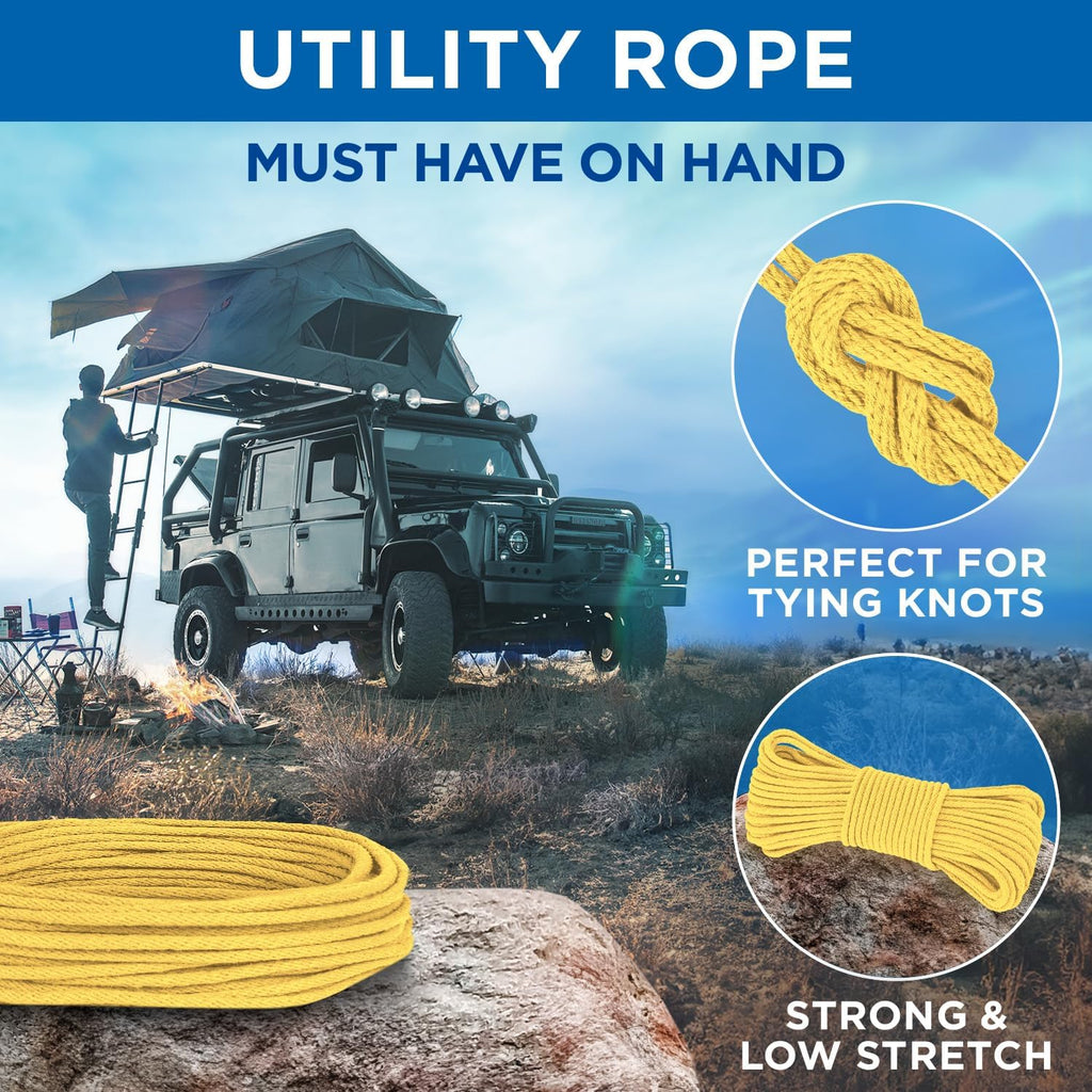 TECEUM Cotton Rope 3/16” (5 mm) – 100 FT – Strong All-Purpose Braided Rope – Natural Cotton – for Crafting, Сamping, Clothes Line, DIY, Indoor & Outdoor Use – Yellow