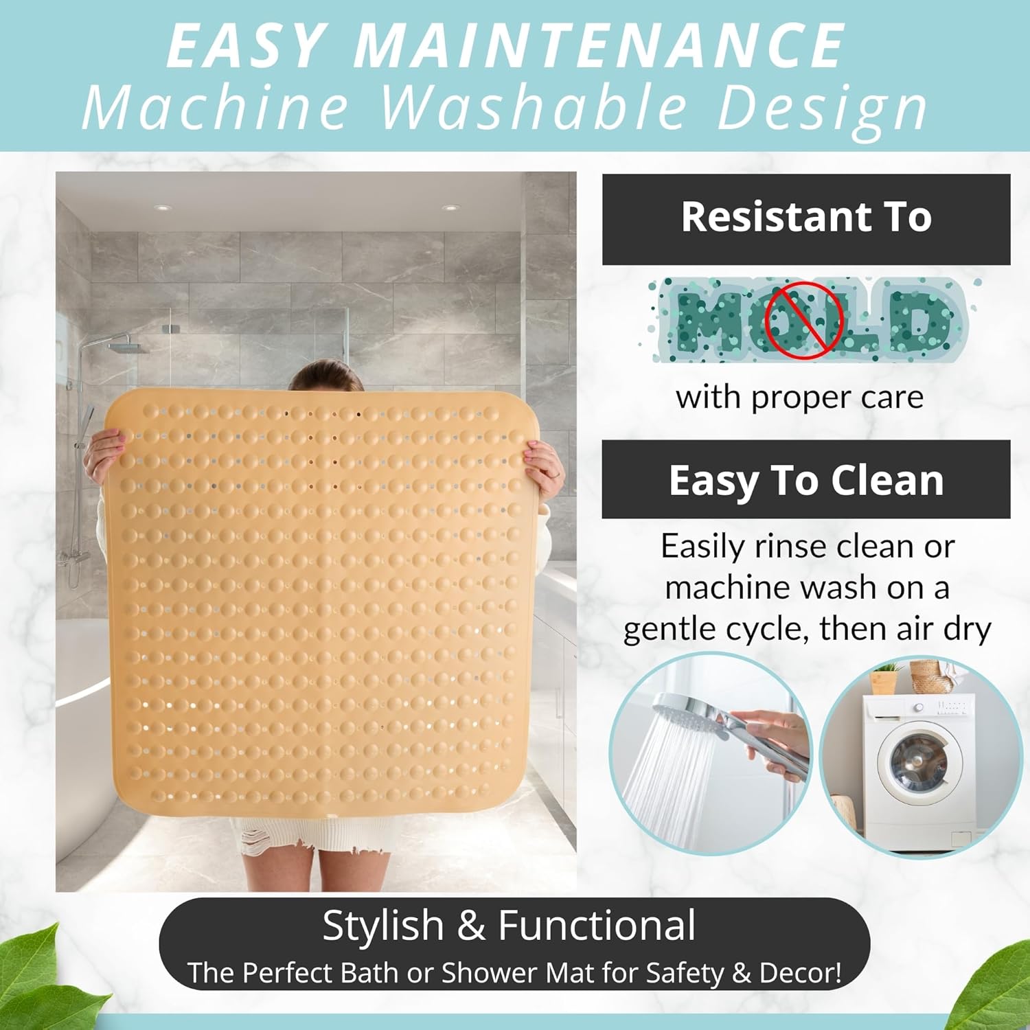 ENKOSI Extra Large Square Non Slip Shower Mat - 31 x 31-inch XL Bathroom Shower Mat - Square Shower Mats for Shower Stall Floors | Secure Suction Cups and Drain Holes (31x31 Beige Opaque)