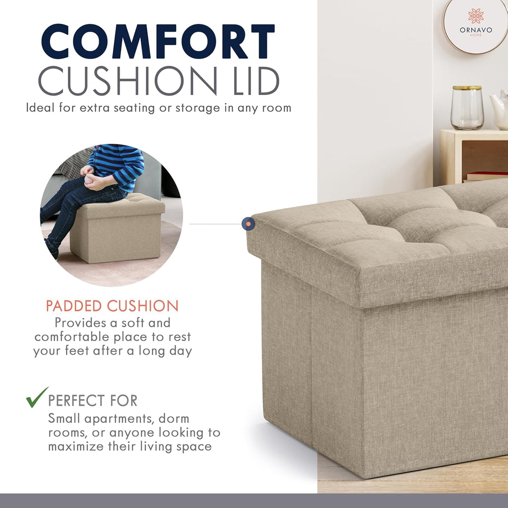 Ornavo Home Small Storage Ottoman Foldable Collapsible Rectangle Linen Ottoman Foot Rest Stool Seat, for Living Room, Bedroom, Home Office, Dorm - 12 x 16 x 12, Taupe