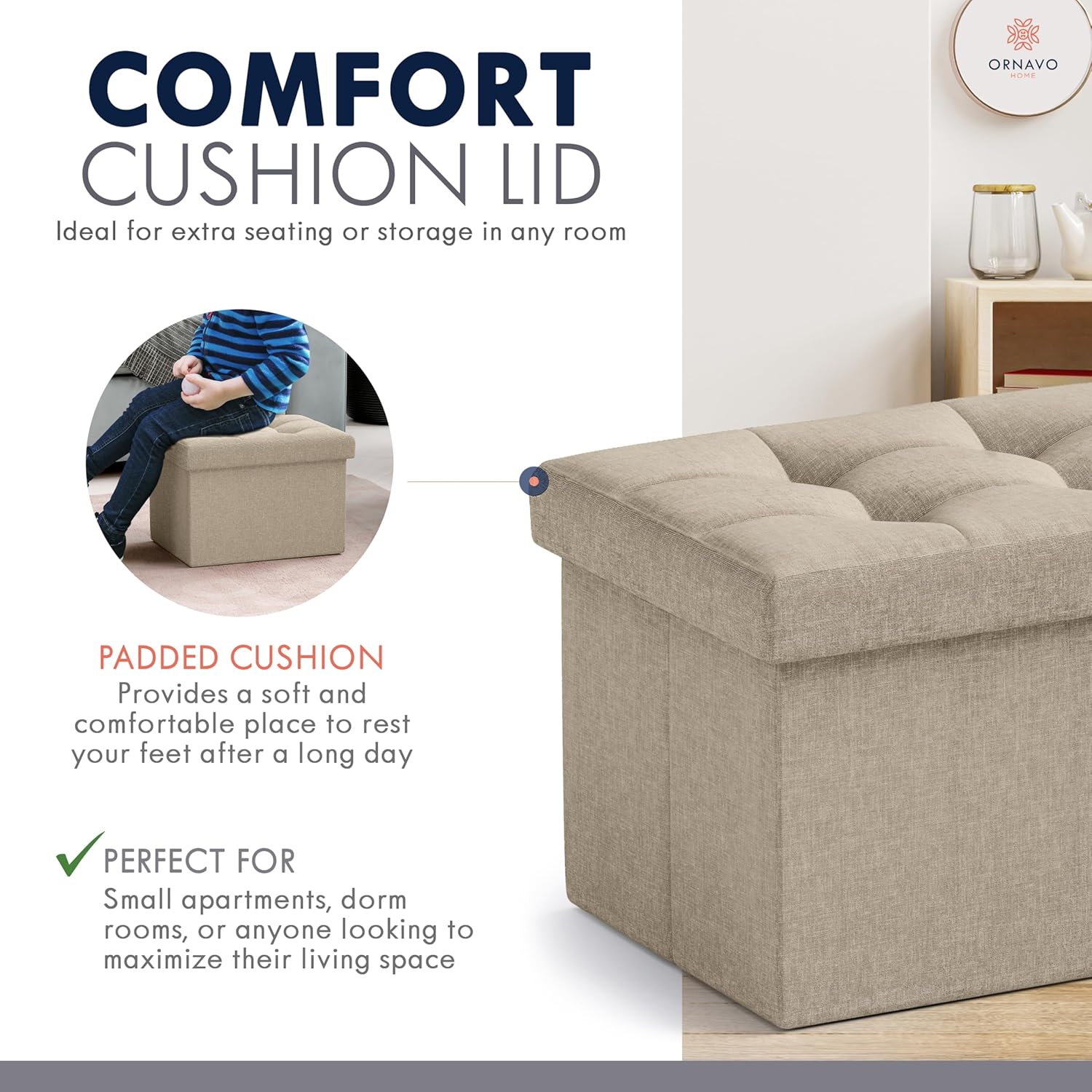 Ornavo Home Small Storage Ottoman Foldable Collapsible Rectangle Linen Ottoman Foot Rest Stool Seat, for Living Room, Bedroom, Home Office, Dorm - 12 x 16 x 12, Taupe