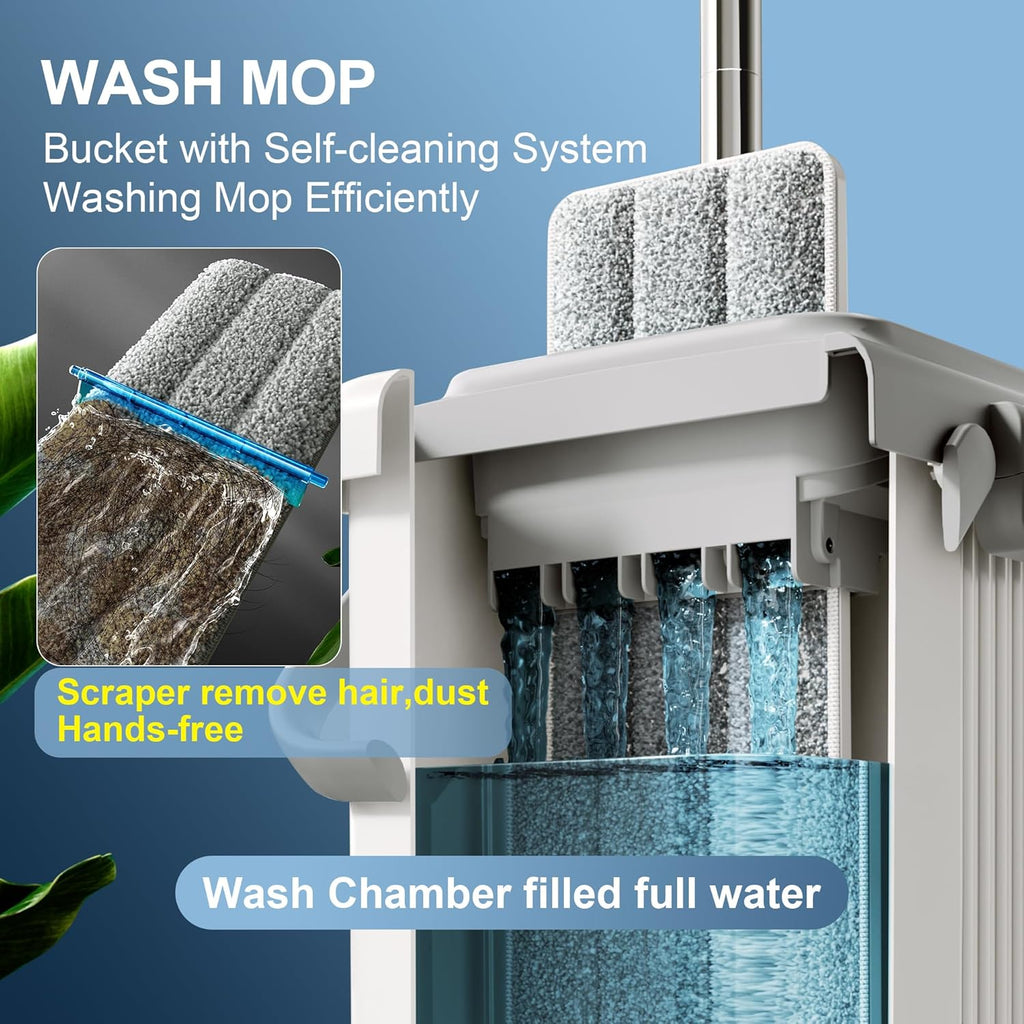 JOYMOOP Mop and Bucket with Wringer Set for Floor Cleaning and Wall Cleaner, Flat Mop and Bucket System Set with 2 Mops and 8 Large Microfiber Pads - White