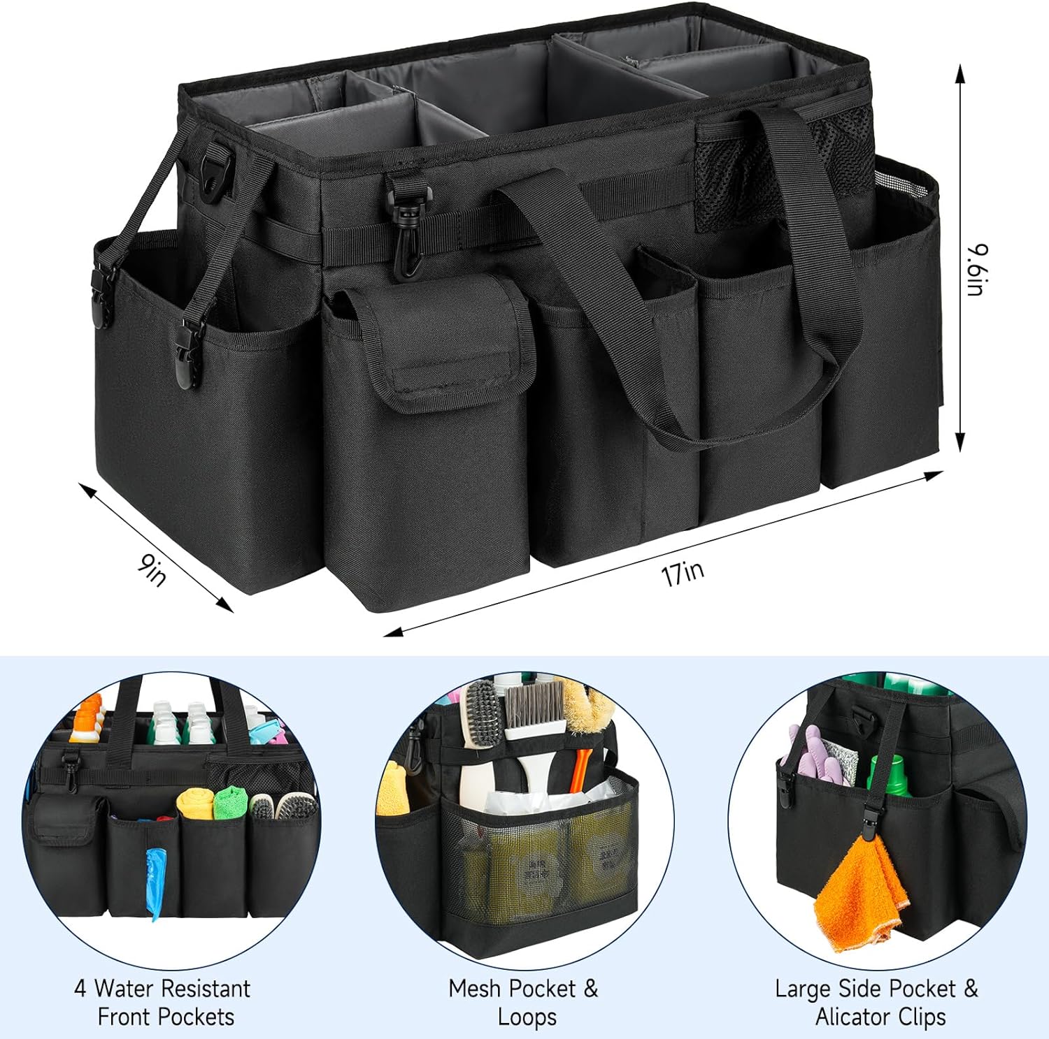 Cleaning Caddy Bag,Extra Large Cleaning Supplies Organizer with Handle for Housekeepers,Black