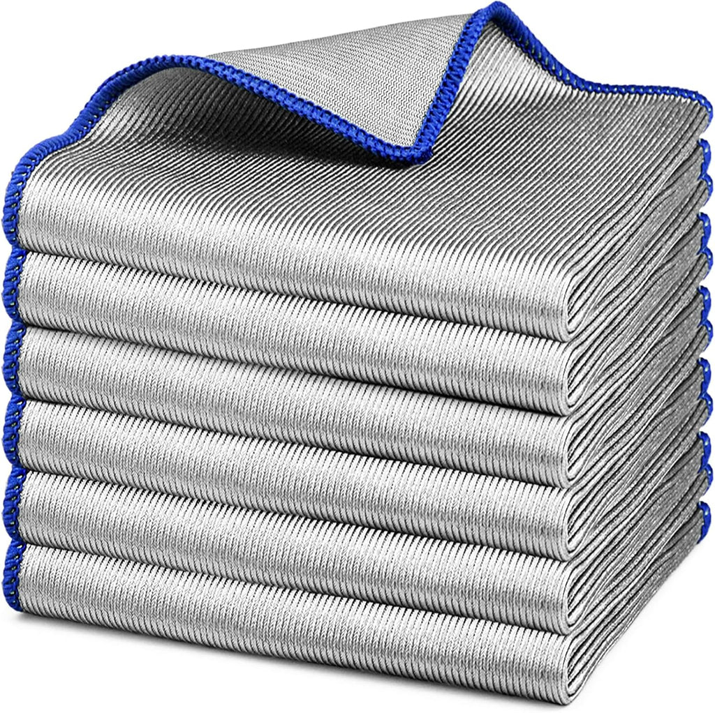 Microfiber Cleaning Cloth Polishing Glass Cleaner Absorbent Kitchen Towel Quick Drying Miracle Lint Free Rags for Household Auto Detailing Bathroom, Pack of 6, 12 x 12 Inch, Sliver-Blue