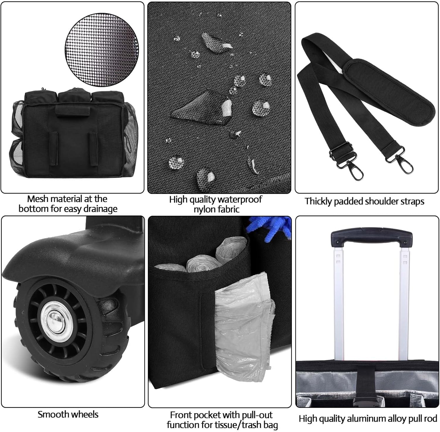 Extra Large Rolling Cleaning Caddy Bag with Detachable, Foldable Trolley Portable Cleaning Cart for Housekeeping Cleaning Caddy with Adjustable Shoulder Strap and Multiple Storage Pockets