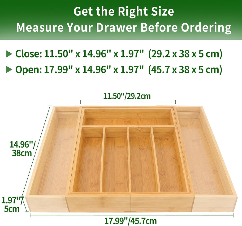 VaeFae Bamboo Drawer Organizer, Expandable Silverware Drawer Organizer, Cutlery Tray with Dividers for Kitchen Utensils, Medium