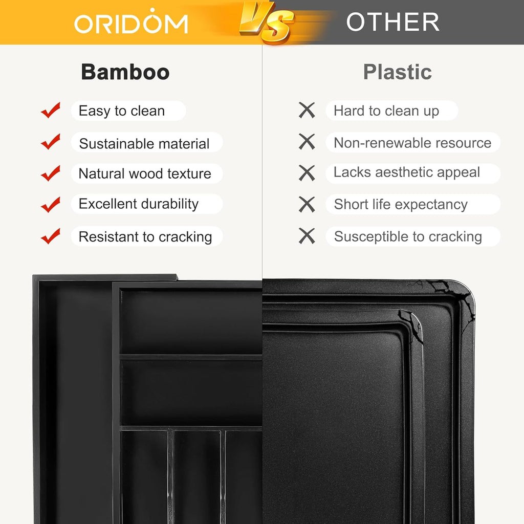 Large Premium Bamboo Silverware Organizer - Expandable Drawer Organizer & Utensil Organizer - 17"x19.7" Cutlery Tray with Dividers for Kitchen Utensils and Flatware (7-9 Slots) (Black)