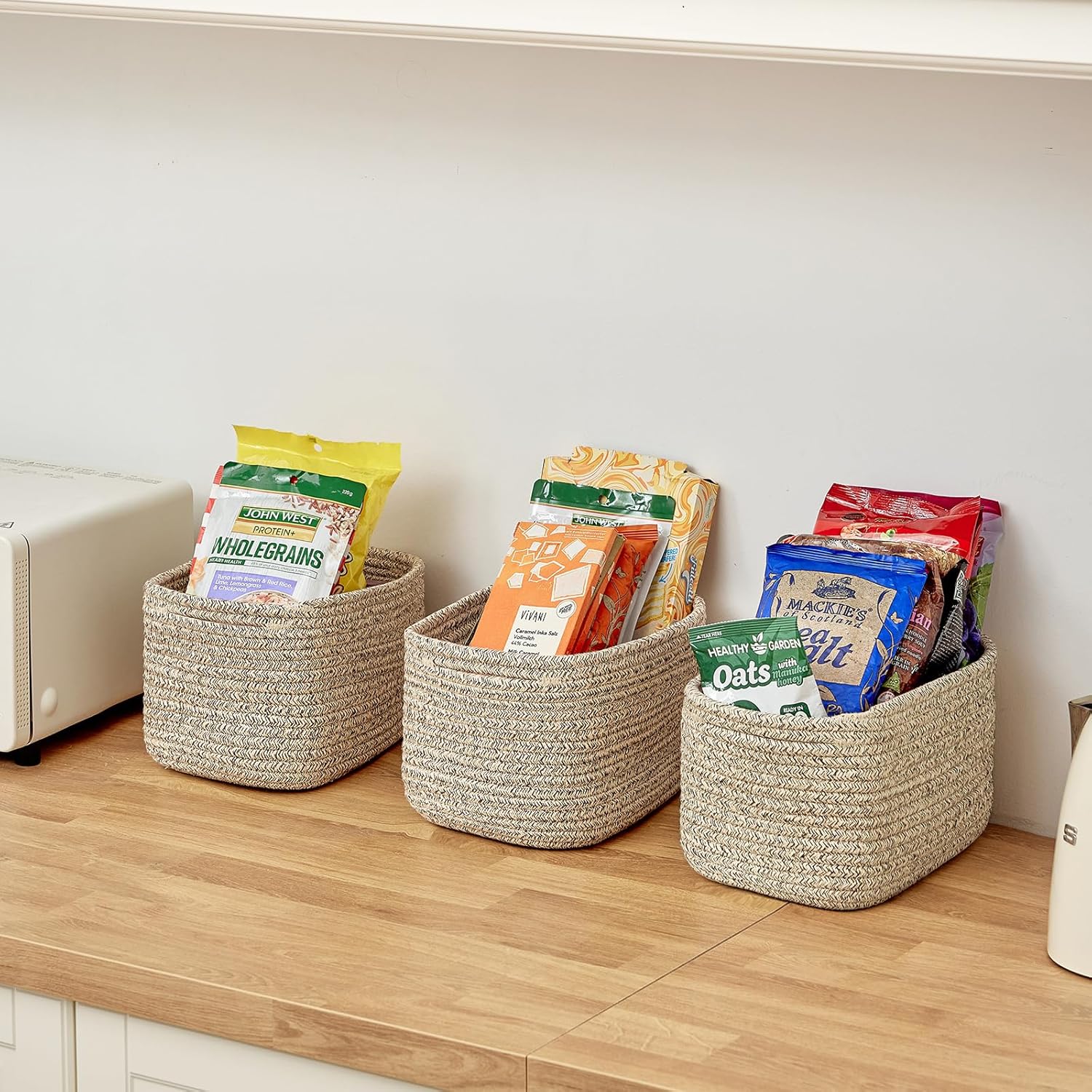 Small Cotton Rope Basket – Storage Bin for Organizing (10.6" x 6.7" x 6.7"), Bathroom Storage Basket for Shelf, Counter & Closet（Beige）