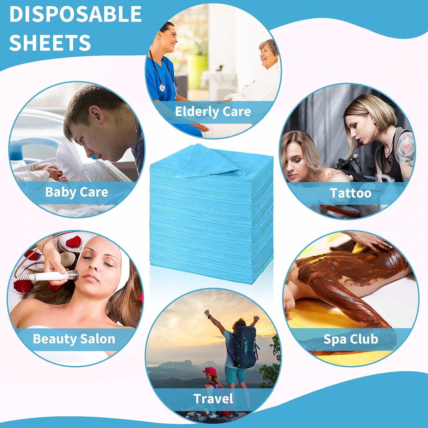 Breling 100 Pcs 31.5 x 71 Inch Disposable Bed Sheets Oil-proof PE Film Massage Table Sheets Non-woven Fabric Spa Waterproof Bed Cover Breathable for Beauty Salon Hotels Tattoo Waxing(Blue)