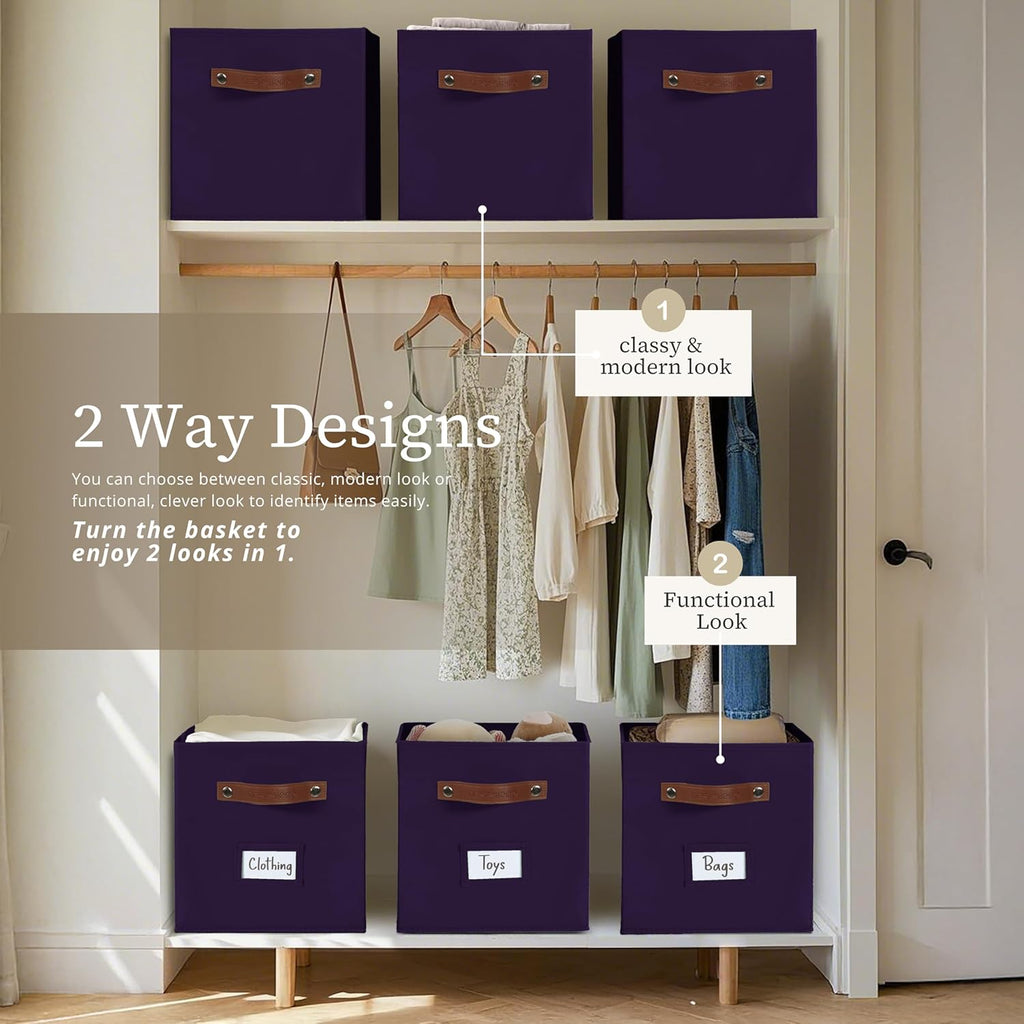 DECOMOMO Storage Bins, Cube Storage Bin with Labels, Fabric Storage Cubes for Shelves (10.5" x 11" / 6pcs, Deep Purple)