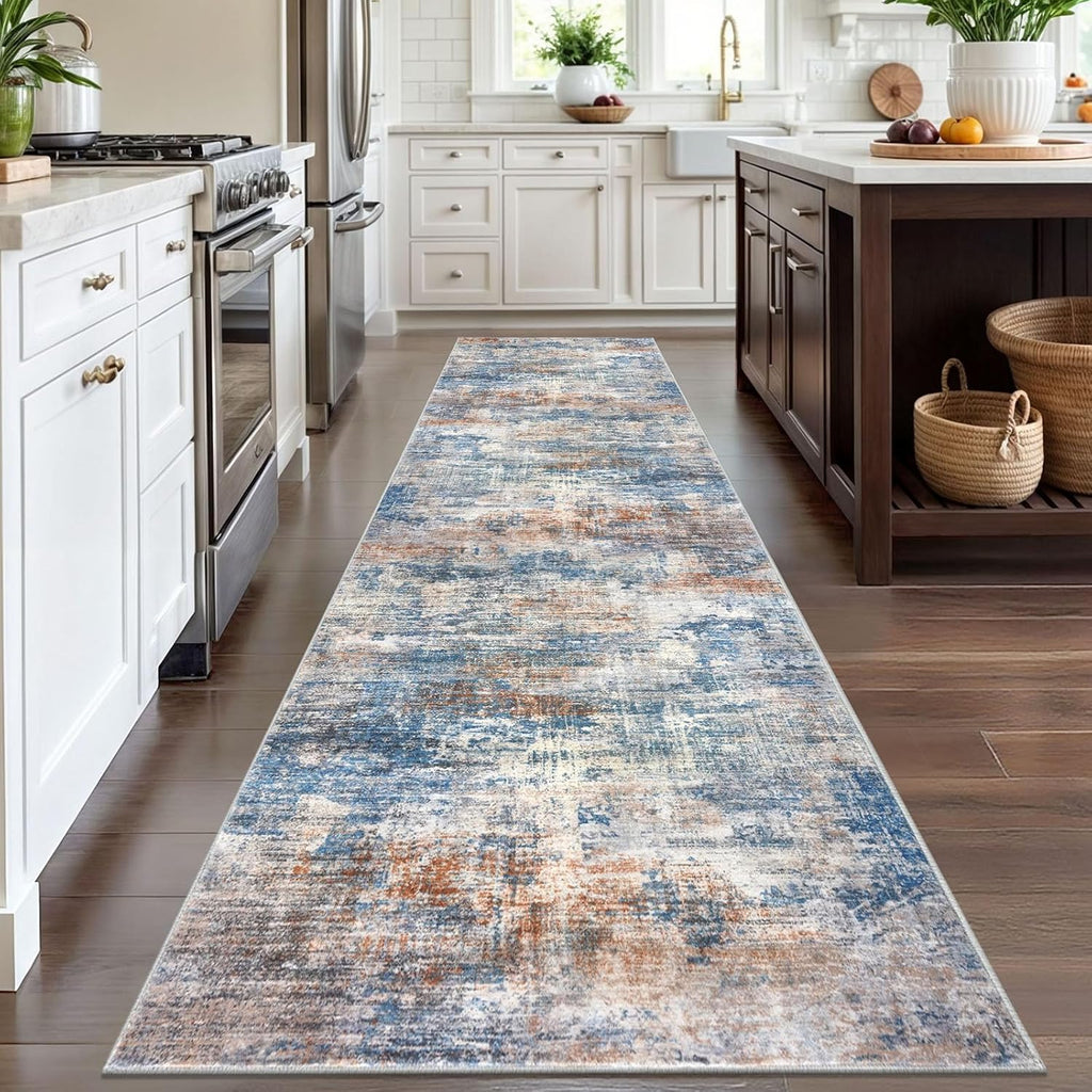 IOHOUZE Abstract Runner Rug 3x12 Ft Washable Runners for Hallways, Non Slip Kitchen Runner Printed Faux Wool Entryway Runner Indoor, Modern Abstract Floor Carpet for Hall Kitchen, Blue Rust