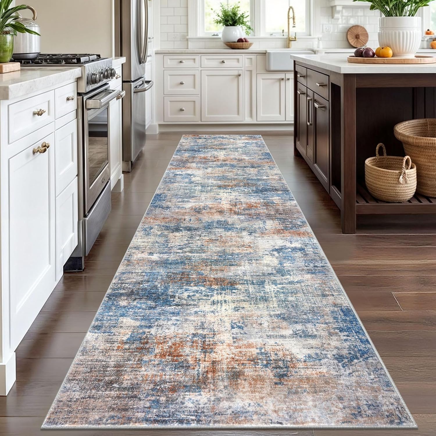 IOHOUZE Abstract Runner Rug 3x12 Ft Washable Runners for Hallways, Non Slip Kitchen Runner Printed Faux Wool Entryway Runner Indoor, Modern Abstract Floor Carpet for Hall Kitchen, Blue Rust
