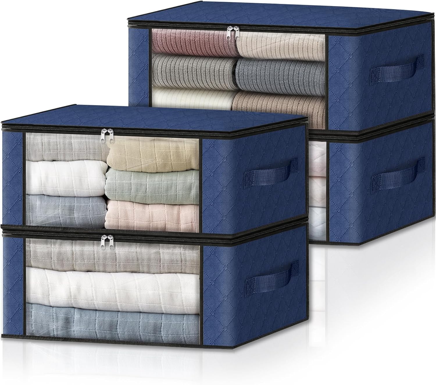 HomeHacks Storage 4-Pack Clothes Organizer Storage Bags Foldable Storage Box with Large Clear Window Sturdy Handles for Closet, Dorm, Pillows, Bedding, Clothes, Blankets, 35L, Blue