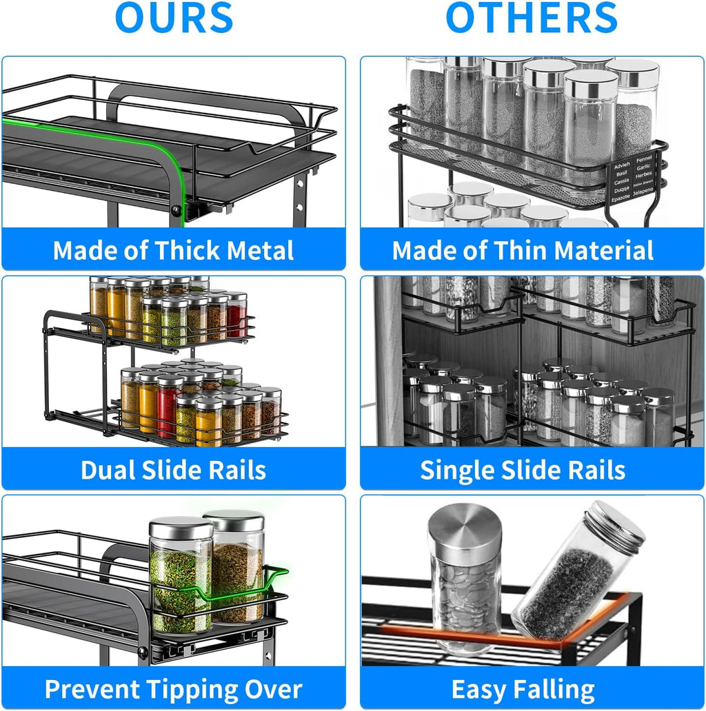 RCHYFEED Spice Organization for Cabinet, 2 Tier Pull Out Spice Rack for Seasoning Organizer, Height Adjustable Heavy Duty Metal Basket for Inside Cabinets & Pantry Closet(5.5" Wx10.5 Dx9.5 H)