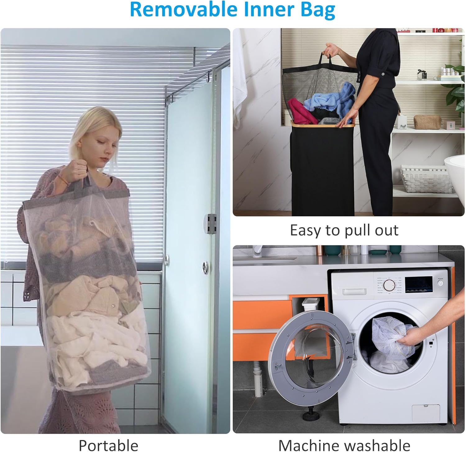 Double Laundry Hamper with Lid, Divided Laundry Hamper with Removable Bags, 2 Section Dirty Clothes Basket with Handles for Bathroom, Bedroom & Laundry Room, 160L Dove Gray