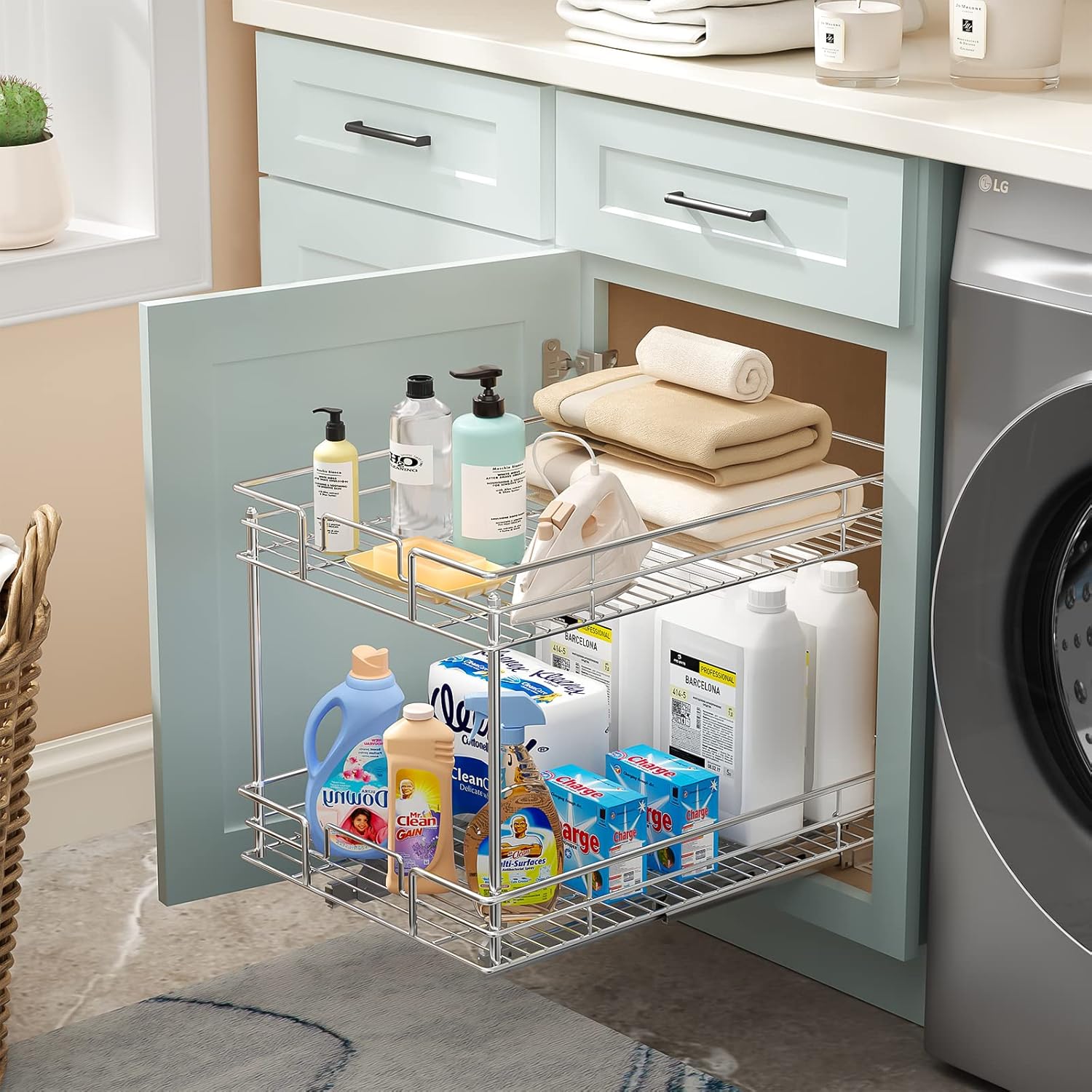 ROOMTEC Pull Out Cabinet Organizer, Kitchen Cabinet Organizer and Storage 2-Tier Cabinet Pull Out Shelves for Kitchen,Under Sink Organizers and Storage 17" W x 21" D Chrome