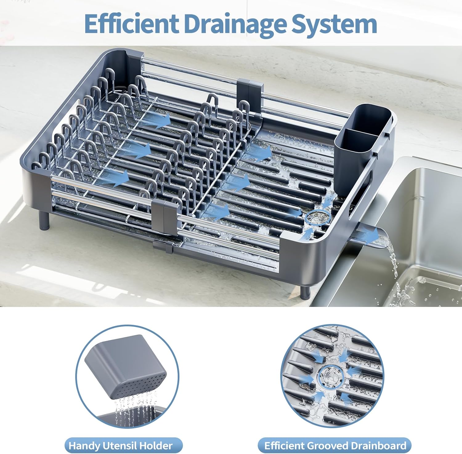 Dish Racks for Kitchen Counter, Dish Drying Rack - Stainless Steel Dish Drainer, Sink Drying Rack with Cutlery Holder, Dishes Organiser and Storage Rack, Gray