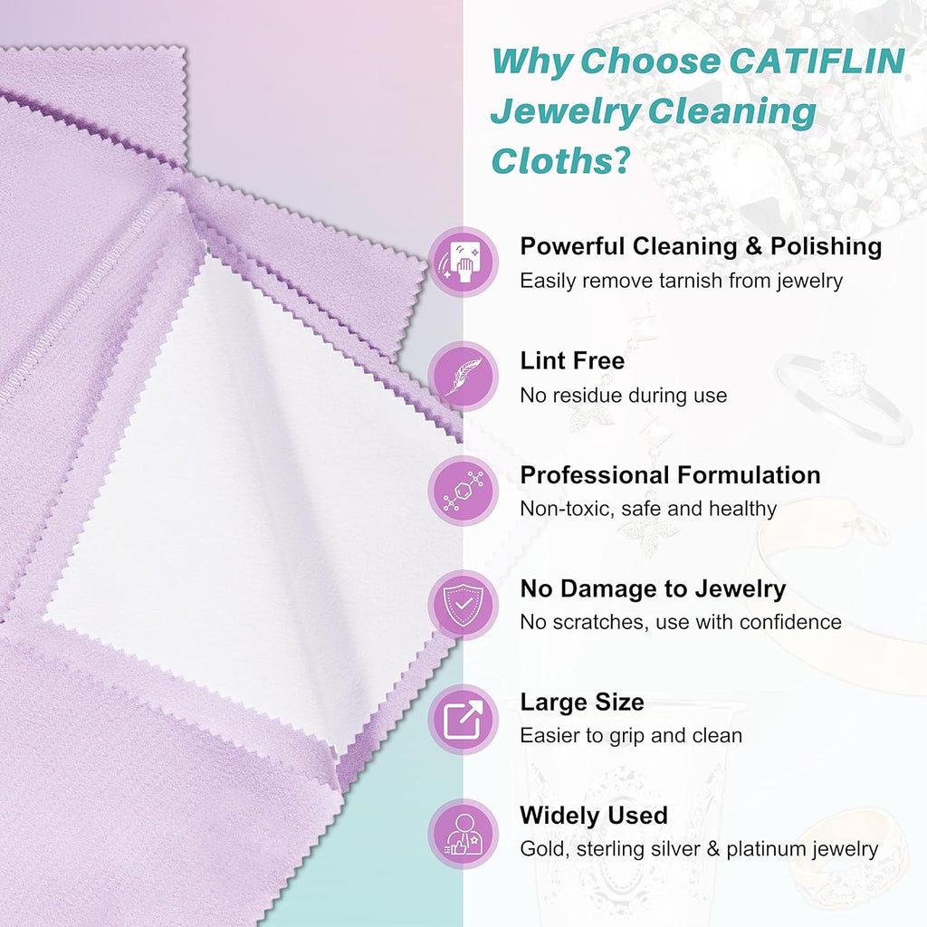 CATIFLIN 3PCS Purple Silver Polishing Cloths, 10"x12" Jewelry Cleaning Cloths for Gold, Silver, Platinum, Watch, Coin, Tarnish Remover, Reusable & Streak for Jewelry Lovers