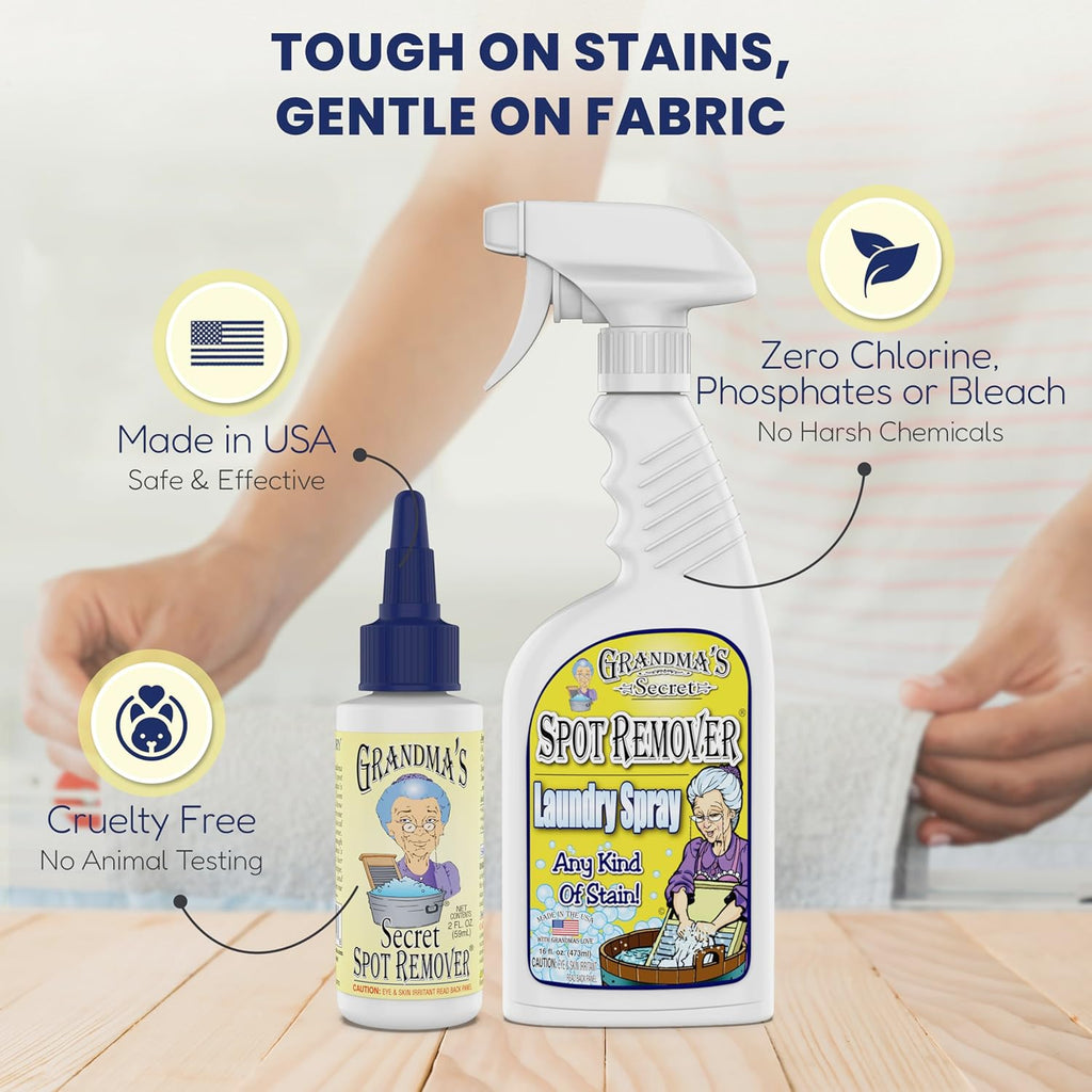 Grandma's Secret Spot Remover Laundry Spray - Chlorine, Bleach and Toxin-Free Fabric Stain Remover for Clothes - Removes Oil, Paint, Blood and Pet Stains - 16 Oz, 2 Pack