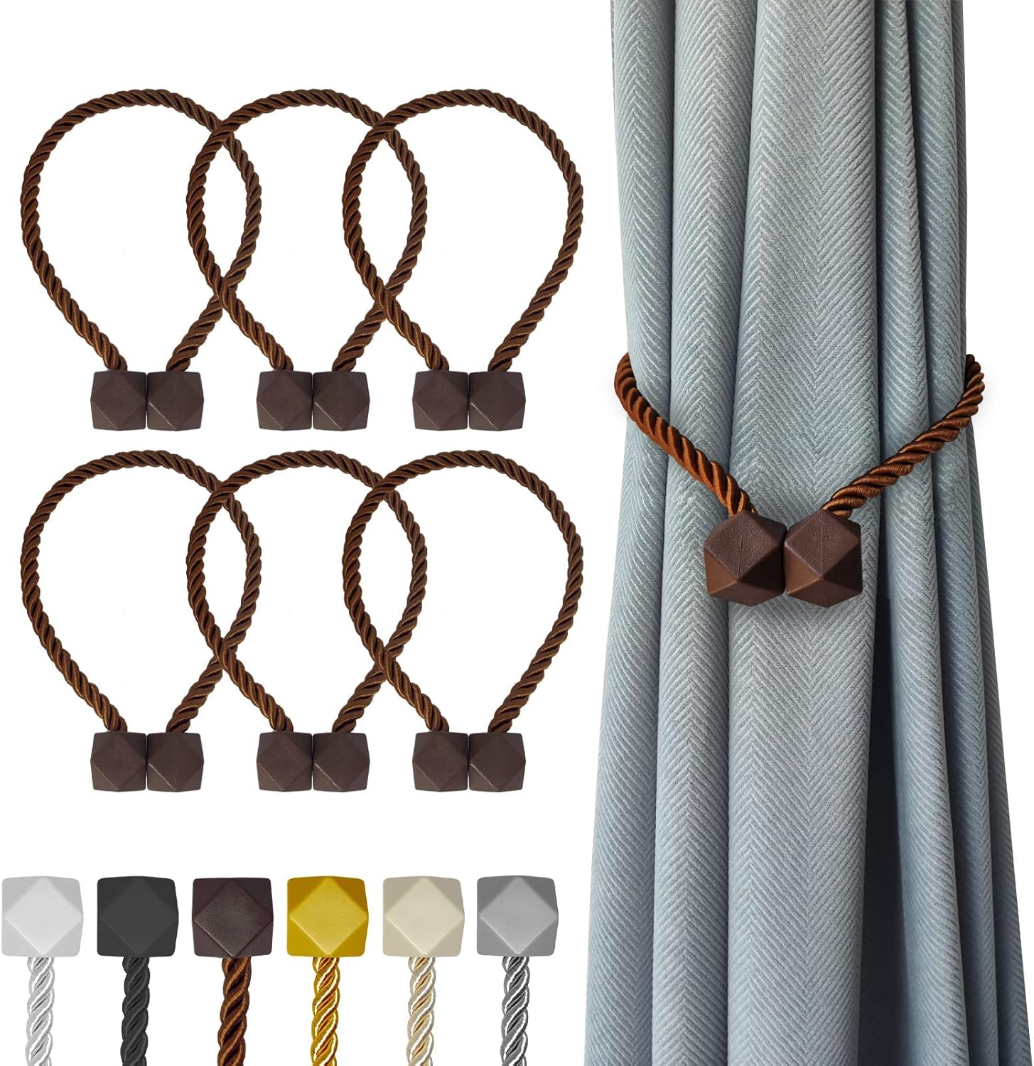 Hion Magnetic Curtain Tiebacks Dark Brown 6 Pack, Curtain Tiebacks Buckles Holdbacks Holders Hooks Clip for Home Bedroom Office Decorative Thick or Thin Curtain
