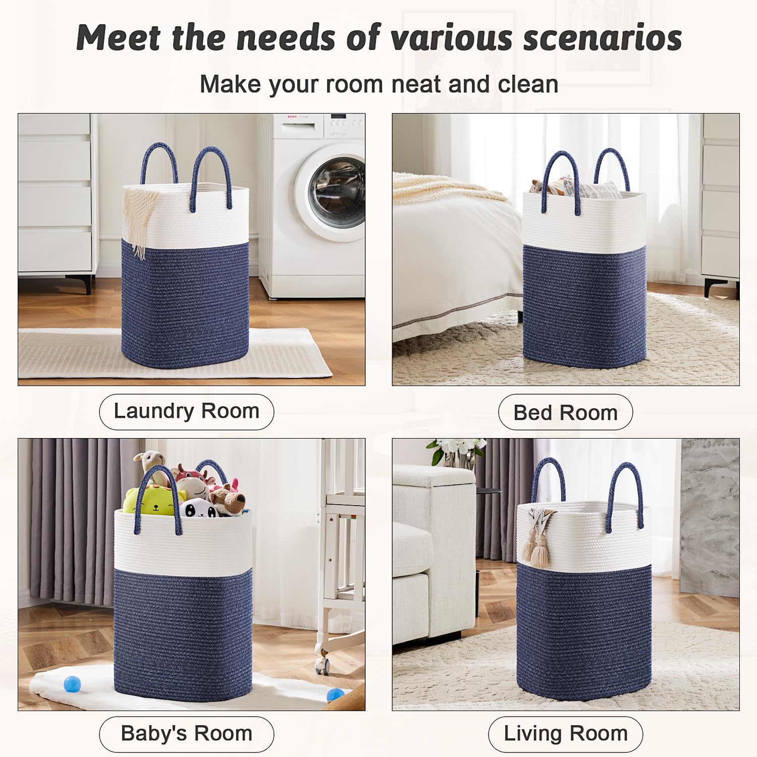 Laundry Basket,Woven Cotton Rope Laundry Hamper,Versatile Storage for Dirty Clothes,Baby Toys,and Blankets in Bathroom, Nursery,and Living Room (Blue, 100L)