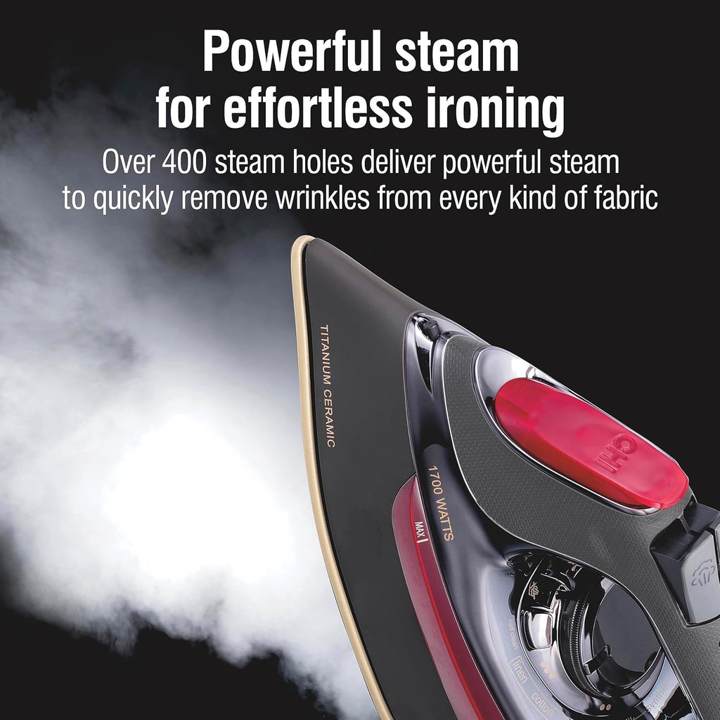CHI Steam Iron for Clothes with 8’ Retractable Cord, 1700 Watts, 3-Way Auto Shutoff, 400+ Holes, Professional Grade, Temperature Control Dial, Titanium Infused Ceramic Soleplate, Black/Chrome (13109)