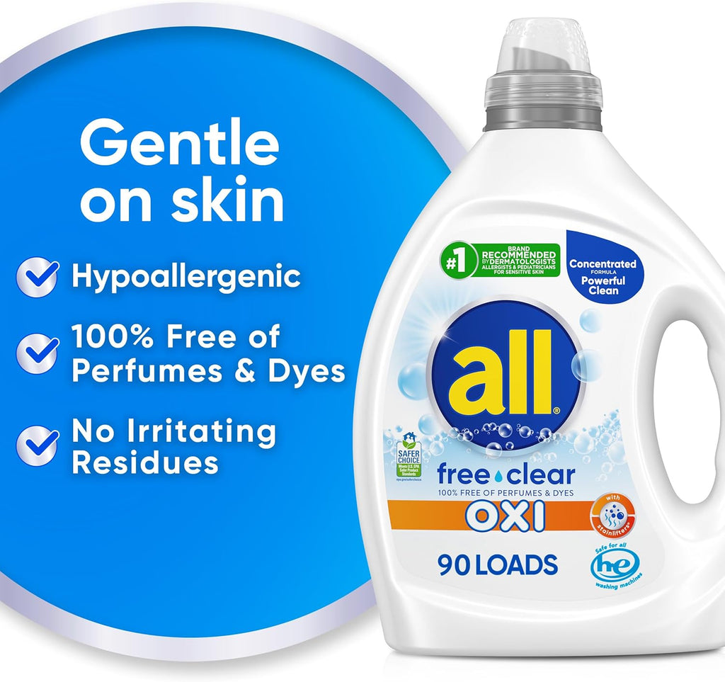 all Liquid Laundry Detergent, Free Clear for Sensitive Skin with OXI, Unscented and Hypoallergenic, 2X Concentrated, 90 Loads