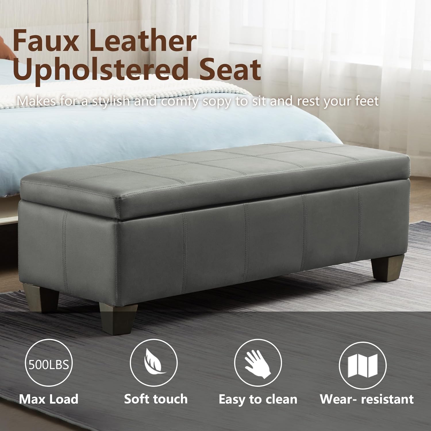 51 Inch Faux Leather Ottoman with Storage, End of Bed Bench with Large Storage, Rectangular Extra Long Bench for Bedroom and Living Room, Light Grey