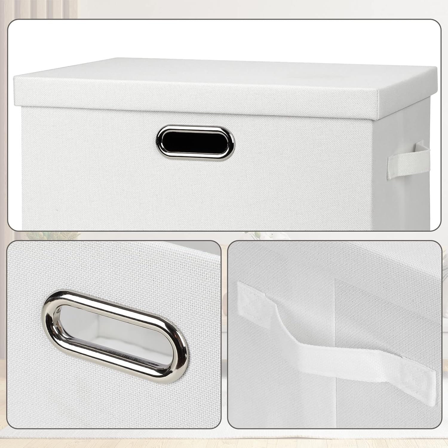 Large 17" 36 Quart Collapsible Stackable Storage Bins with Lids, 1 Pack White Foldable Fabric Closet Storage Boxes with Lids, 4 Handles Heavy-duty Linen Cube Baskets for Bedroom