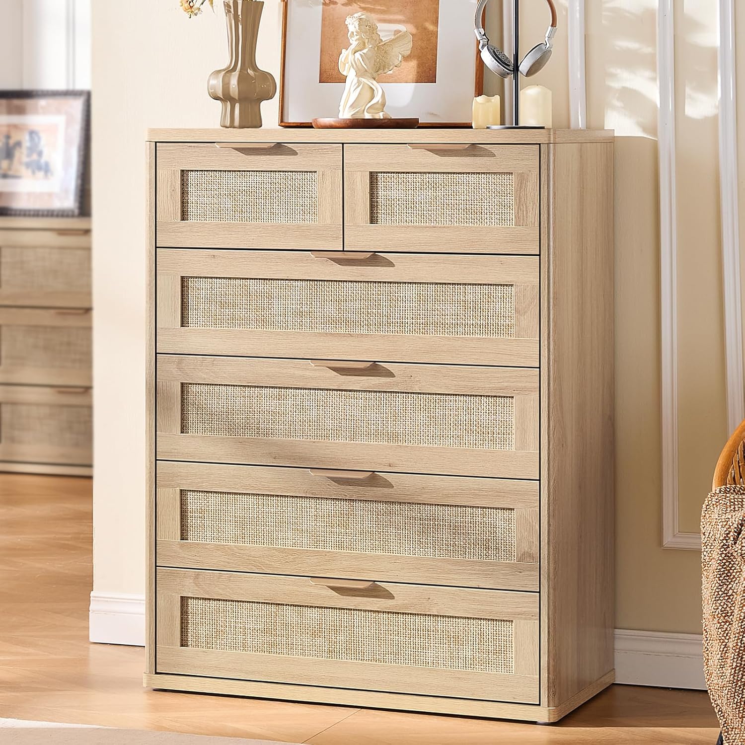 LEYAOYAO Rattan Dresser for Bedroom Set of 2, 42" Tall Chest of Drawers, Modern 6 Drawers Boho Dressers with Storage, Light Oak Dresser Wooden Closet Organizer for Living Room, Hallway, Natural Wood