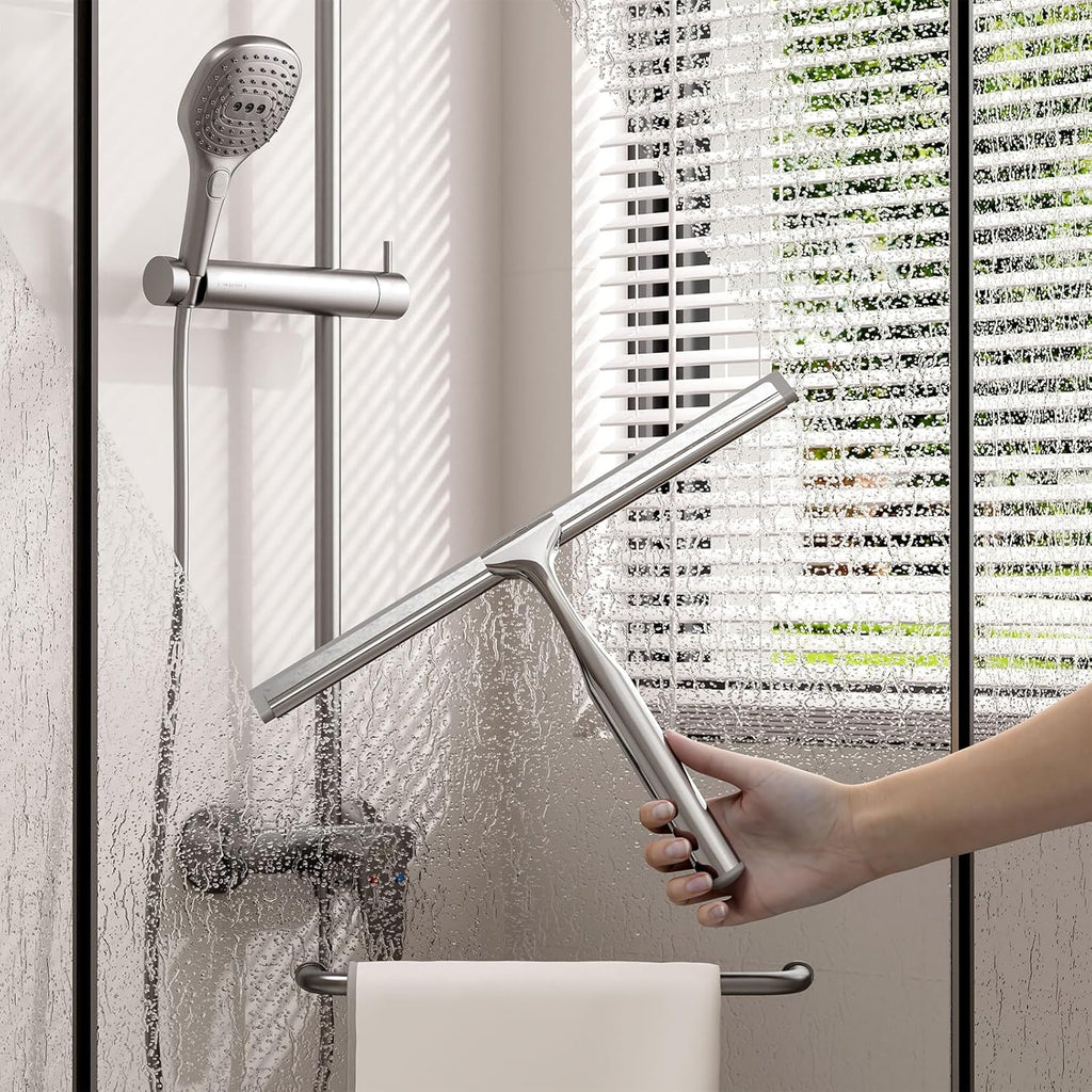 Shower Squeegee for Glass Doors, Stainless Steel Shower Squeegee for Bathroom, Window and Tiles, All-Purpose Squeegee with Adhesive Hook-10”, Chrome