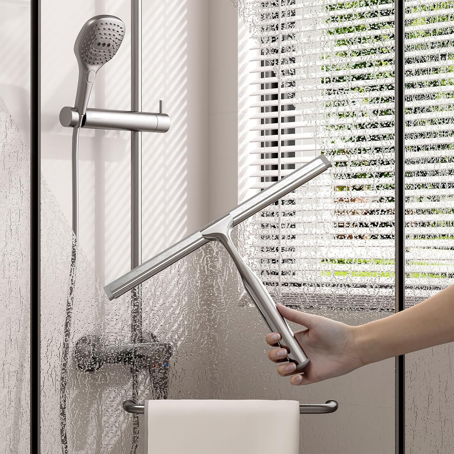 Shower Squeegee for Glass Doors, Stainless Steel Shower Squeegee for Bathroom, Window and Tiles, All-Purpose Squeegee with Adhesive Hook-10”, Chrome