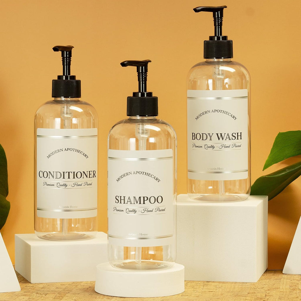 Clear Refillable Shampoo and Conditioner Bottles - Body Wash, Shampoo and Conditioner Dispenser - PET Plastic Shampoo Bottles Refillable with Pump - Waterproof Labels - 16 oz, 3 Pack (Black Plastic)