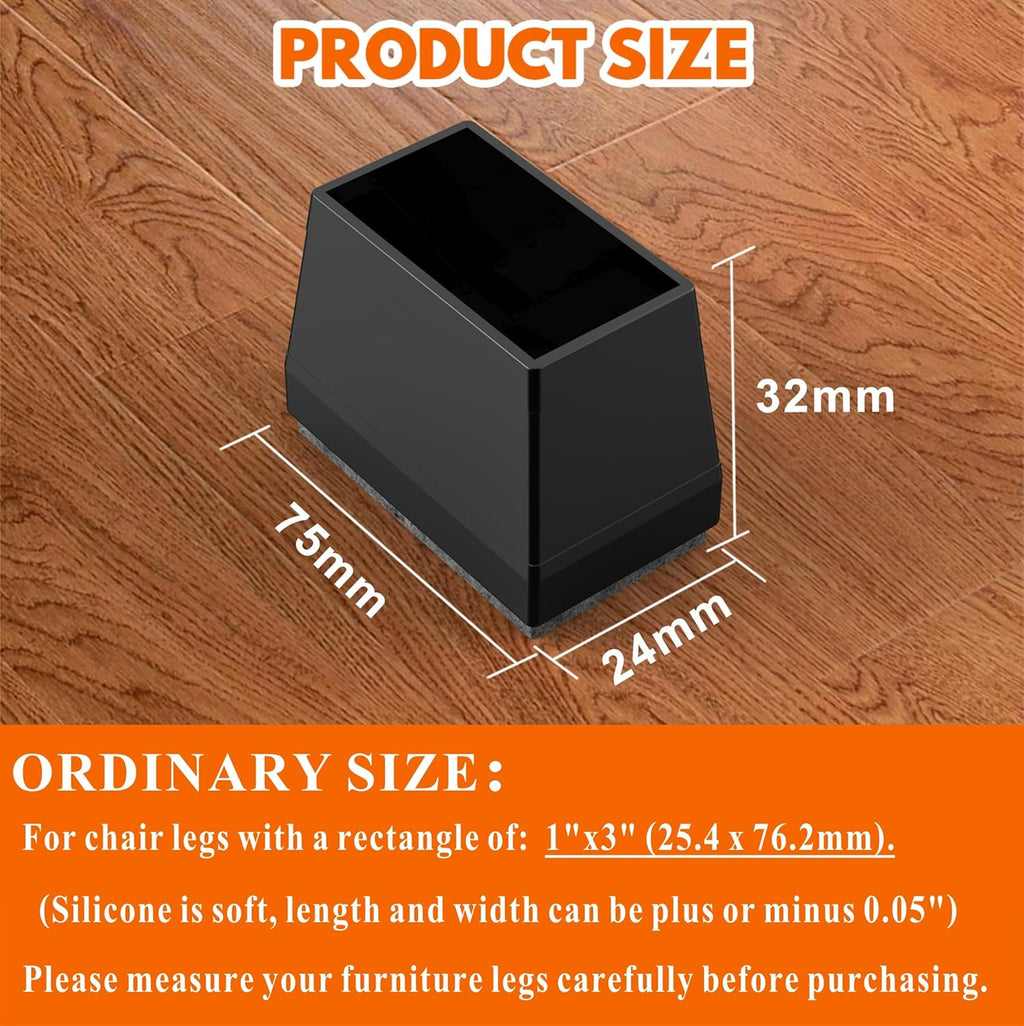 Rectangle Chair Leg Protectors for Hardwood Floors,16 PCS Silicone Covers to Protect Wood Tile Floors Felt Pads Furniture Leg Caps Reduce Noise. Easy to Move. (Black,1 x 3 Inch,Rectangular)