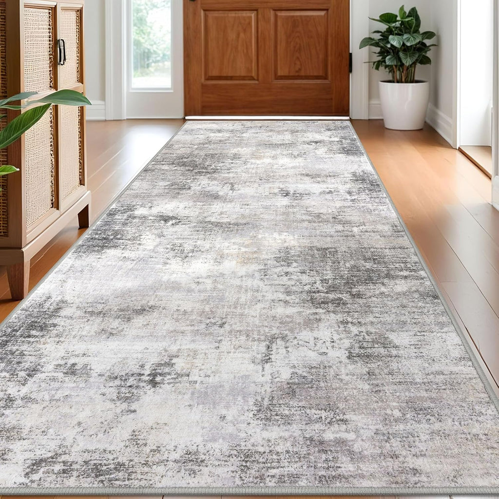 IOHOUZE Abstract Runner Rug 3x8 Ft Washable Runners for Hallways, Non Slip Kitchen Runner Printed Faux Wool Entryway Runner Indoor, Modern Abstract Floor Carpet for Hall Bedroom, Grey Beige