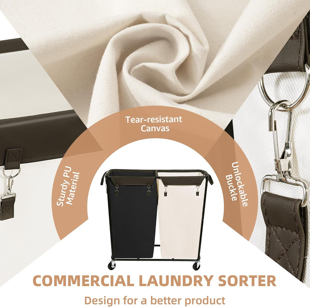 STORAGE MANIAC Commercial Laundry Hamper with Heavy Duty Steel Frame, 74 Gal. Industrial Laundry Basket Cart with Wheels for Hotel, Home, Laundry Room, Big Large Clothes Sorter, 2 Section Beige/Black