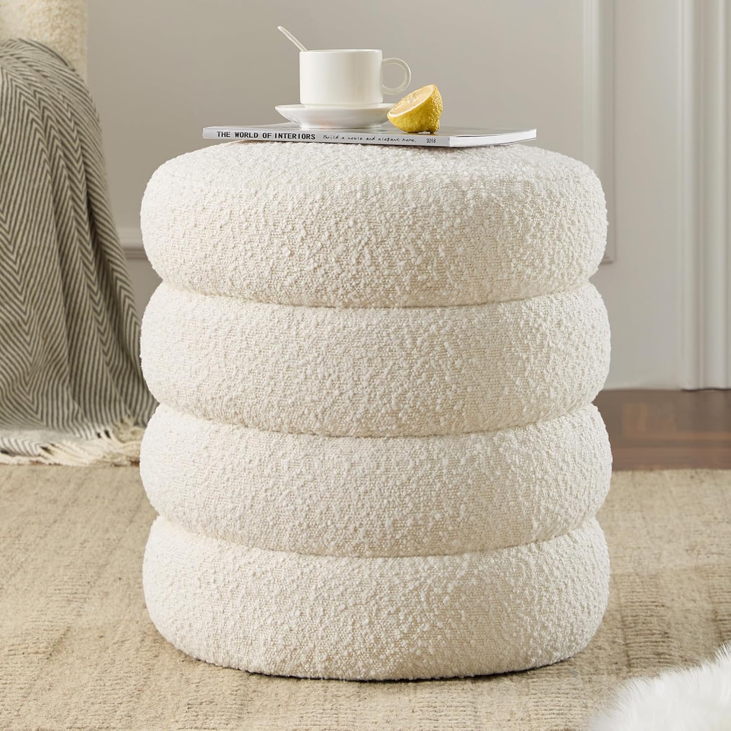 Round Ottoman with Storage Boucle Ottoman Stool with Storage Removable Lid for Living Room Modern Vanity Sorage Stool Foot Rest Bedroom Dorm Gift Set of 1 (White)