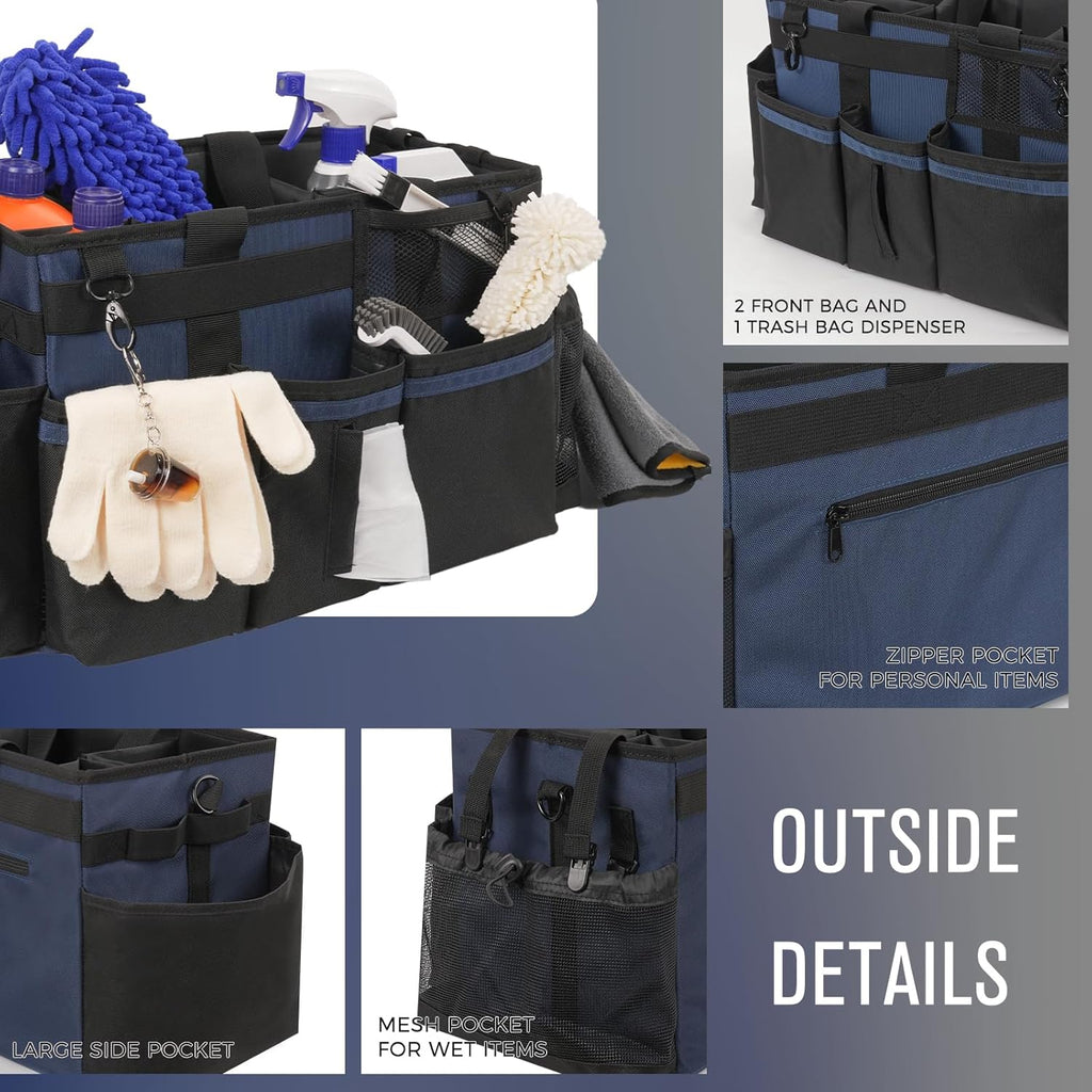 Wearable Cleaning Caddy, Cleaning Caddy Supplies Organizer with Handle & Shoulder Straps for Housekeepers, Under Sink & Car Cleaning Tool Organizers Bag with 4 Foldable Divider (NavyBlue)