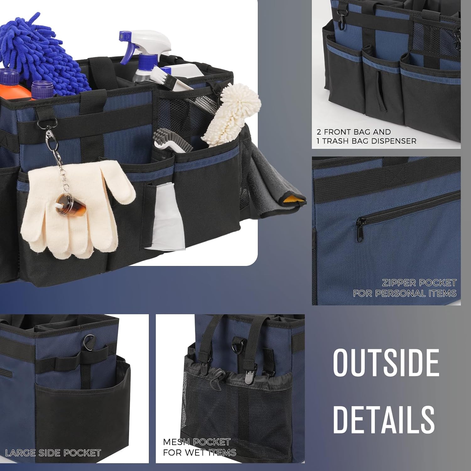 Wearable Cleaning Caddy, Cleaning Caddy Supplies Organizer with Handle & Shoulder Straps for Housekeepers, Under Sink & Car Cleaning Tool Organizers Bag with 4 Foldable Divider (NavyBlue)