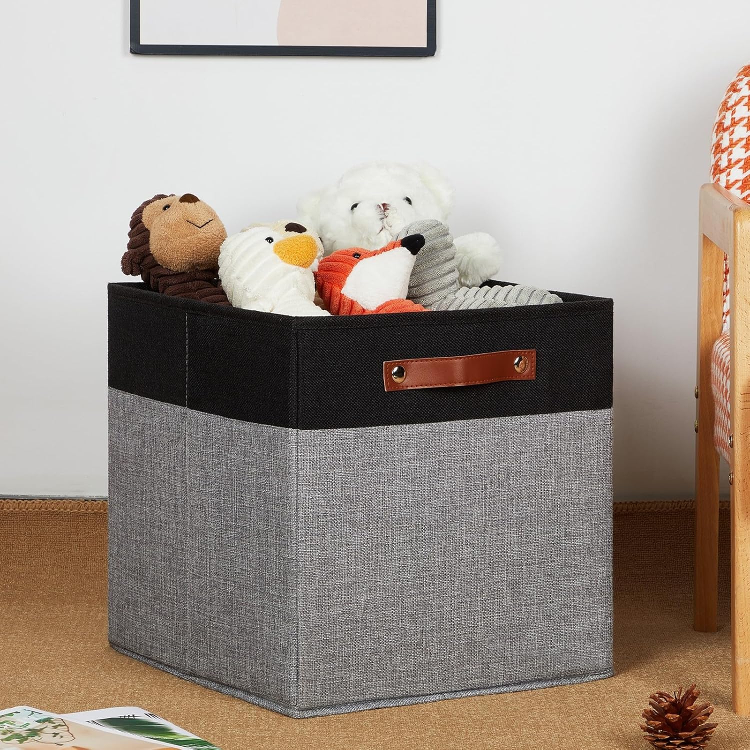 HNZIGE Storage Baskets for Organizing, Set of 4, Square Fabric Storage Cubes Bins 13 x 13, Collapsible Black Storage Bins for Shelves, Closets, Nursery, Home, Office (Black&Grey)