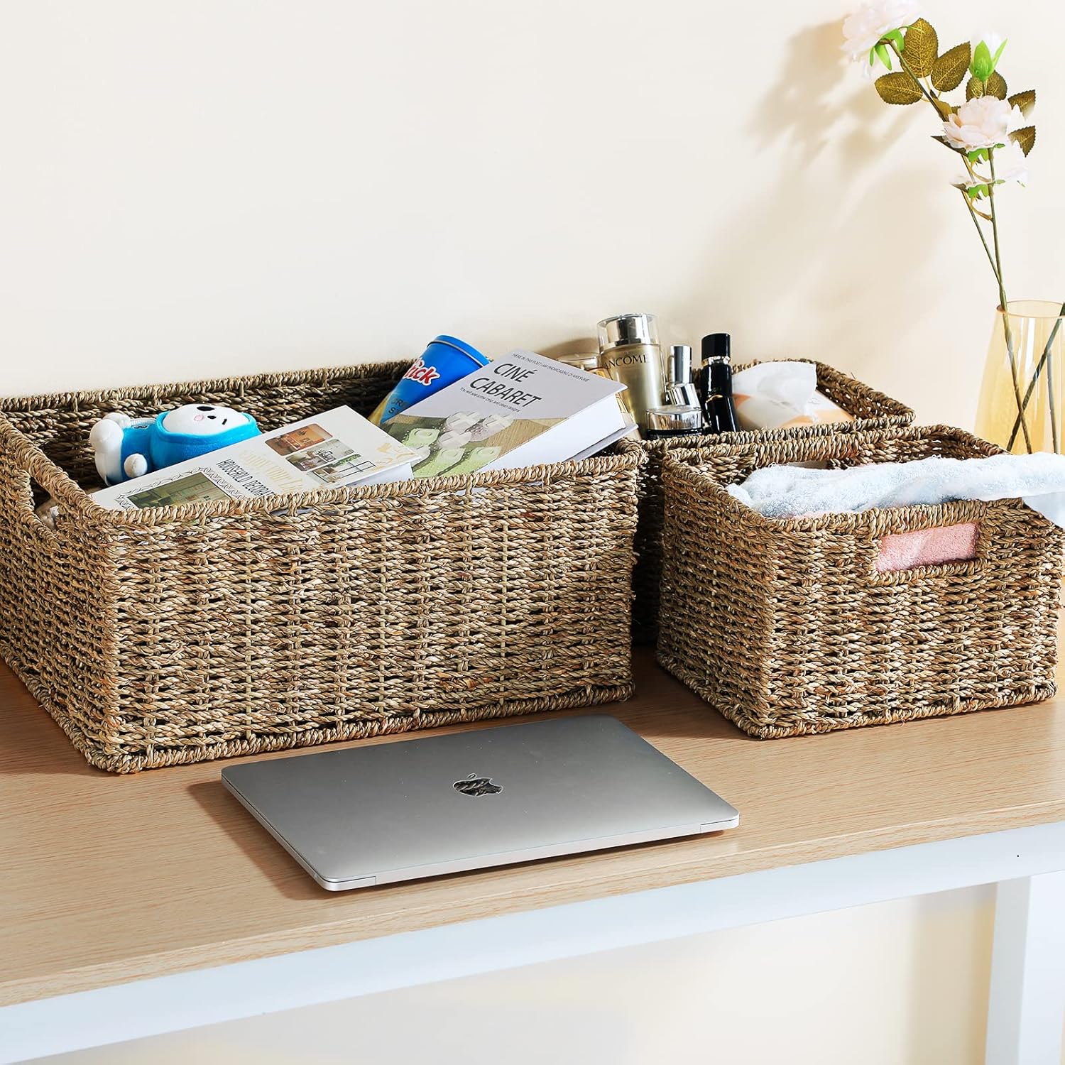 HOONEX Large Wicker Baskets for Storage, Seagrass Baskets with Dual Handles, Woven Baskets for Storage, Set of 3, Natural