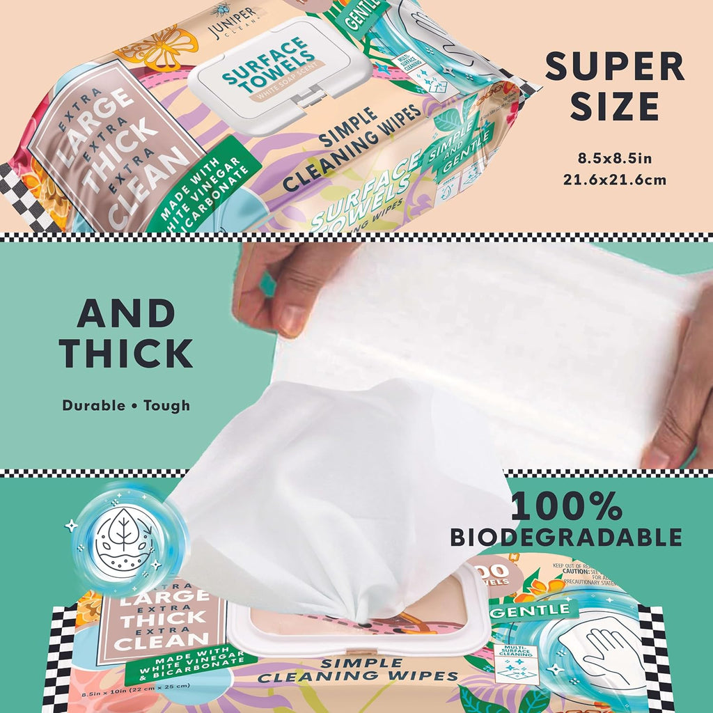 3 Packs Surface Cleaning Wipes, Thick & Large Dispose, All-Purpose Cleaner for Bathroom, Kitchen, Office, 300 Count Soft Flow, Biodegradable, White Soap Scent