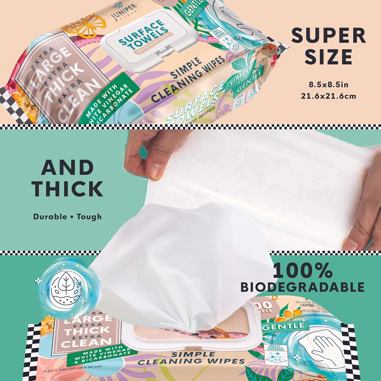 6 Packs Surface Cleaning Wipes, Thick & Large Dispose, All-Purpose Cleaner for Bathroom, Kitchen, Office, 600 Count Soft Flow, Biodegradable, White Soap Scent
