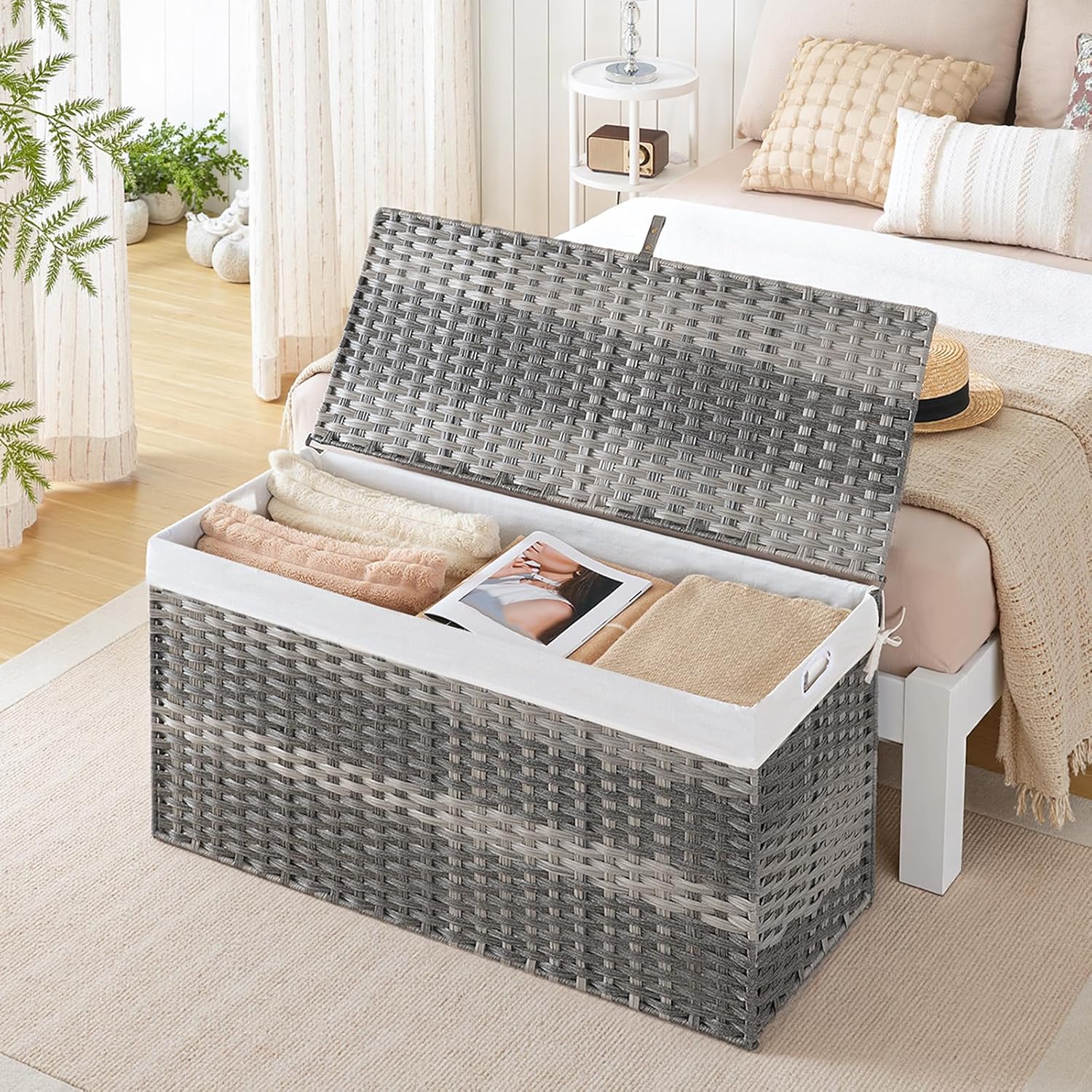 HOOBRO Storage Basket with Lid, 52.8 Gallon (200L) Wicker Basket, Handwoven Blanket Storage Basket with Handles, Metal Frame and Soft Lining, Foldable for Bedroom, Laundry Room, Gray GY220CW01