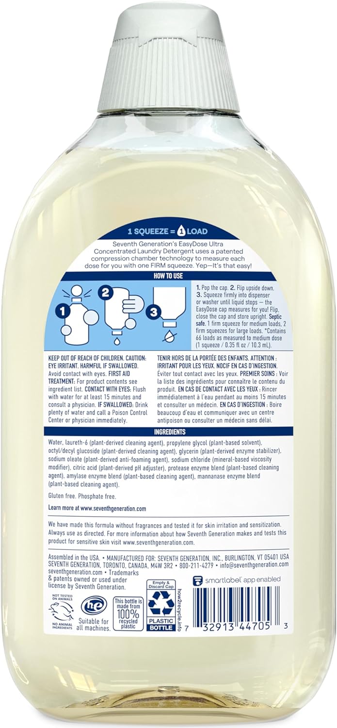 Seventh Generation Laundry Detergent, Ultra Concentrated EasyDose, Free & Clear, 23.1 Fl Oz (Pack of 2) (Packaging May Vary)