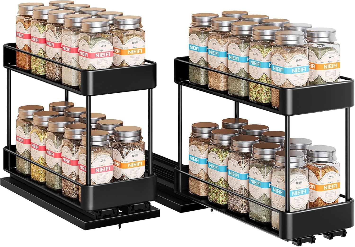 Nieifi Spice Rack Organizer for Cabinet, Vertical Spice Rack Pull Out, Easy to Install, Metal, 4.5''Wx10.35''Dx8.4''H, 2 Pack, 2 Tiers(Black)