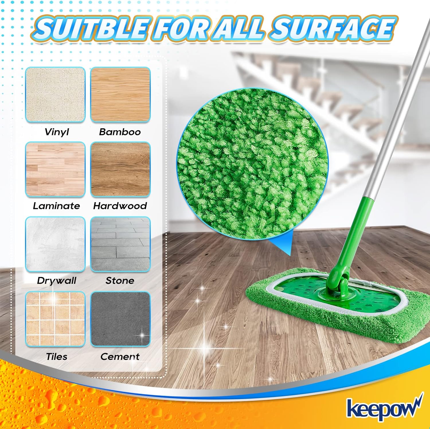 KEEPOW Reusable Microfiber Mop Pads for Swiffer Sweeper Mop, Washable Wet Pad Refills for Wet & Dry Use, Microfiber Dry Sweeping Cloths for Hardwood Floor Cleaning, 2 Pack (Mop is Not Included)